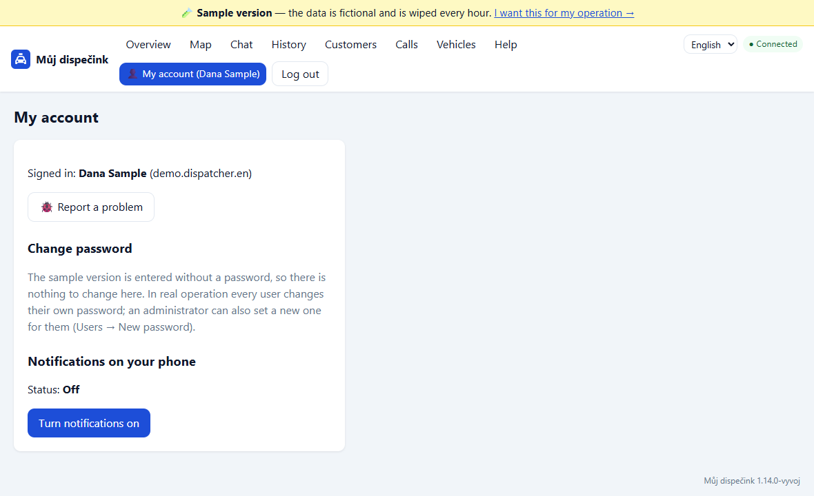My account screen — changing the password