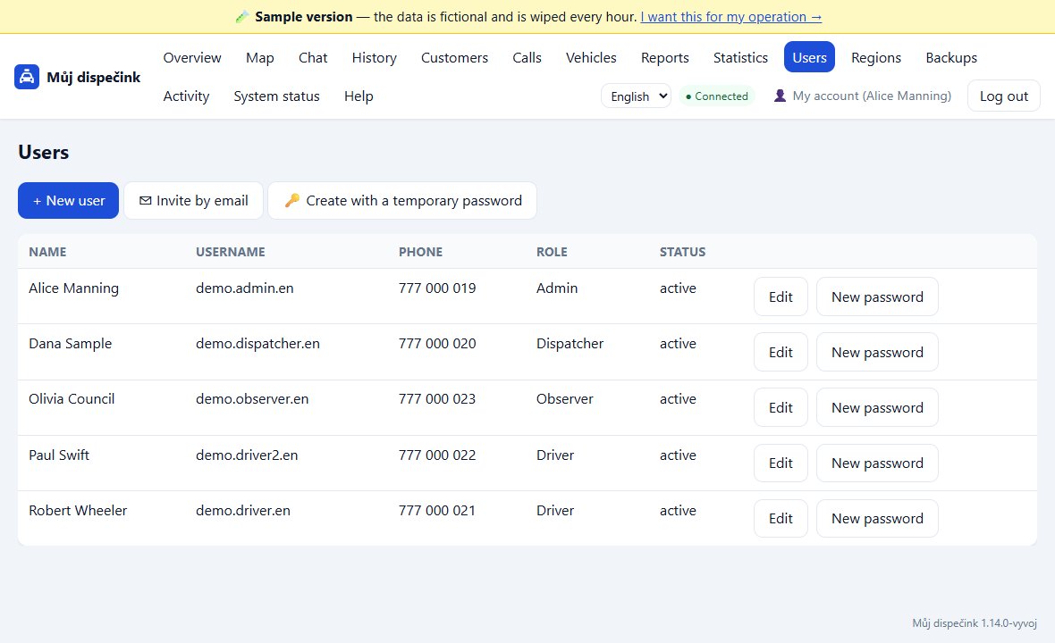 Users screen