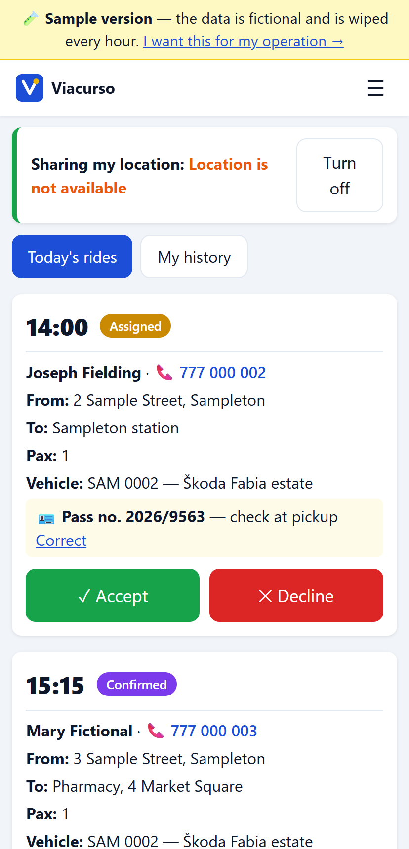 Driver's phone — large buttons, ride confirmation